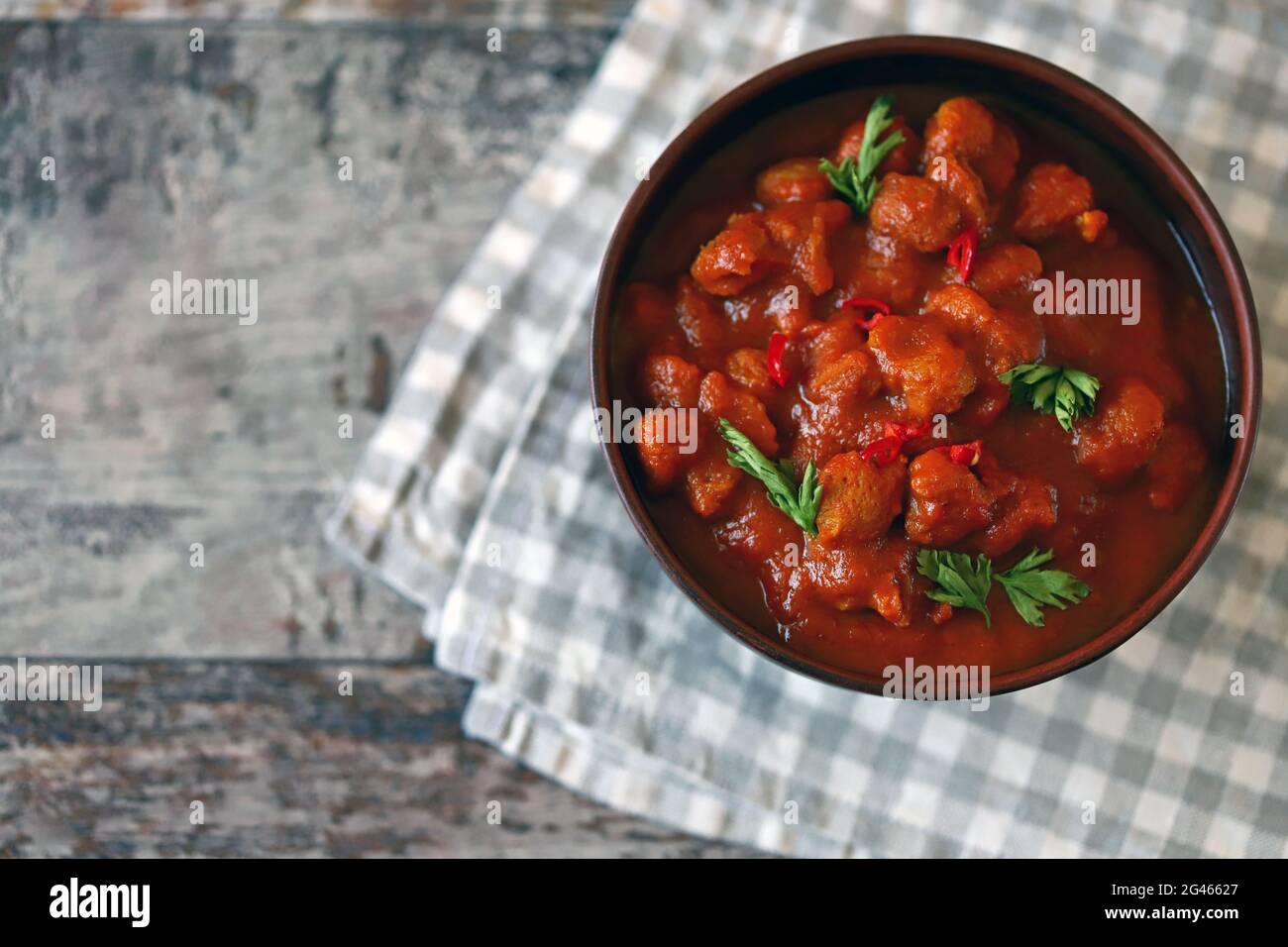 Veganes, in einer Schüssel verpfropften. Soja-Fleisch-Limothyabohnen. Gesunde Ernährung. Vegane Ernährung. Stockfoto