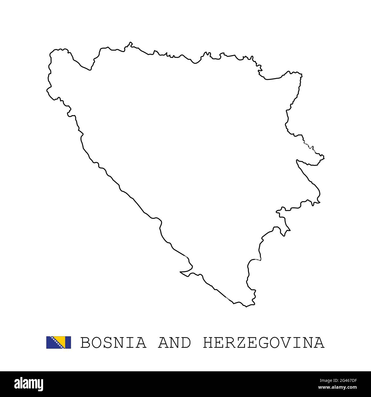 Bosnien und Herzegowina Kartenlinie, linearer dünner Vektor einfacher Umriss e und Flagge. Schwarz auf weißem Hintergrund Stock Vektor