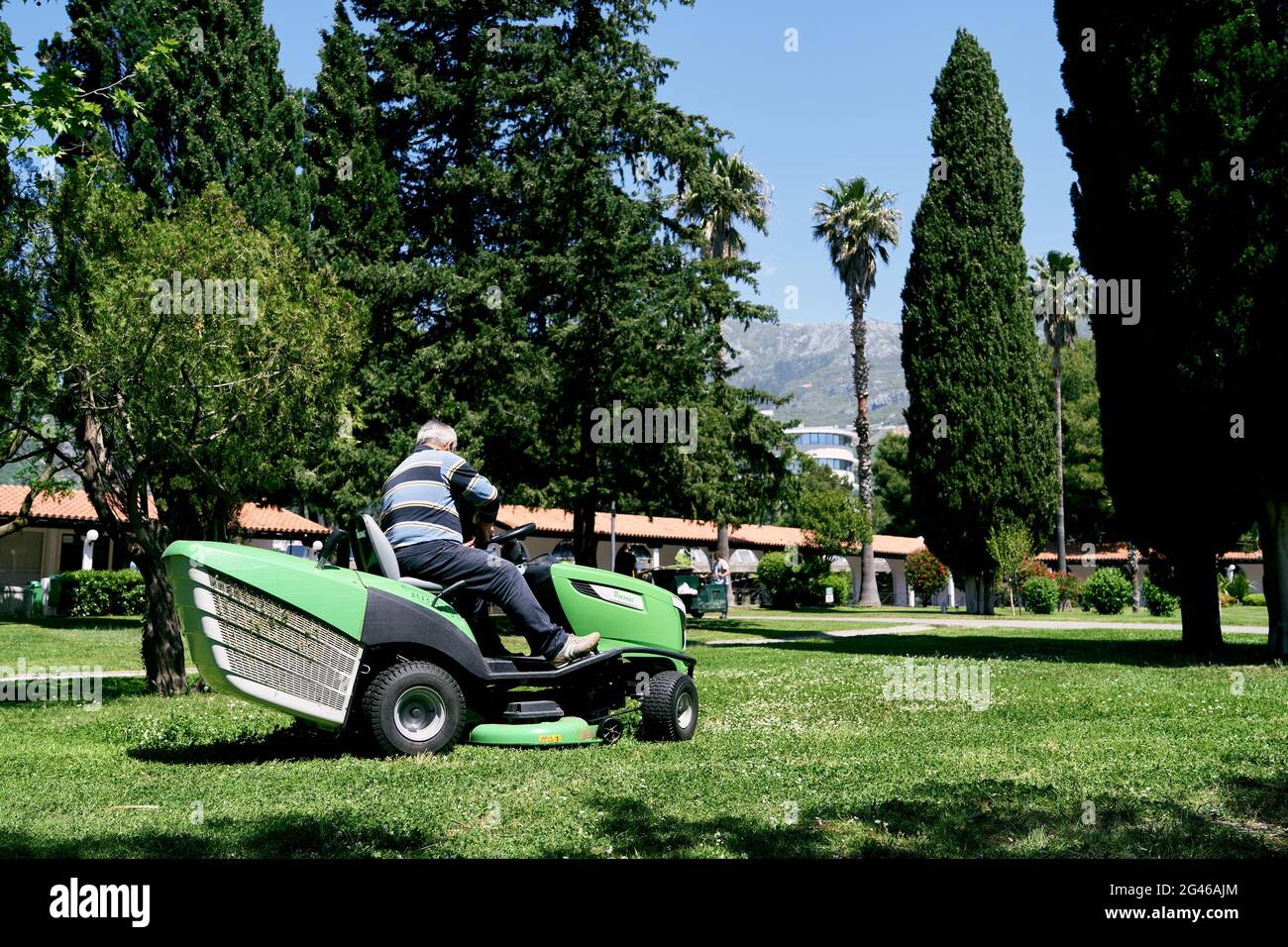 Der Mensch fährt im Park mit einem grünen großen Rasenmäher Stockfoto