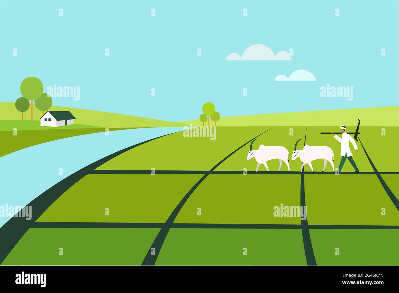 Der Bauer mit einem Pflug geht mit einem Paar Ochsen durch das landwirtschaftliche Feld Stock Vektor