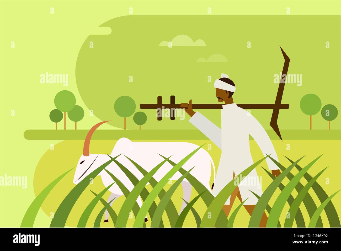 Der Bauer mit einem Pflug geht mit einem Farmer durch das landwirtschaftliche Feld Stock Vektor