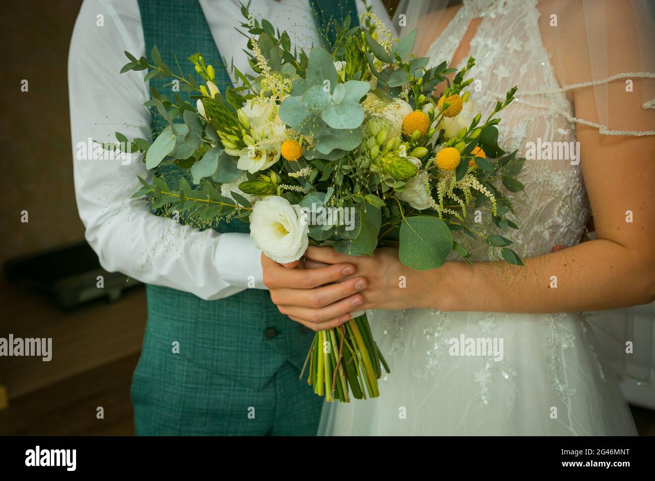 Hochzeitsstrauß. Der wichtigste Blumenstrauß bei der Hochzeit ist der Brautstrauß. Stockfoto