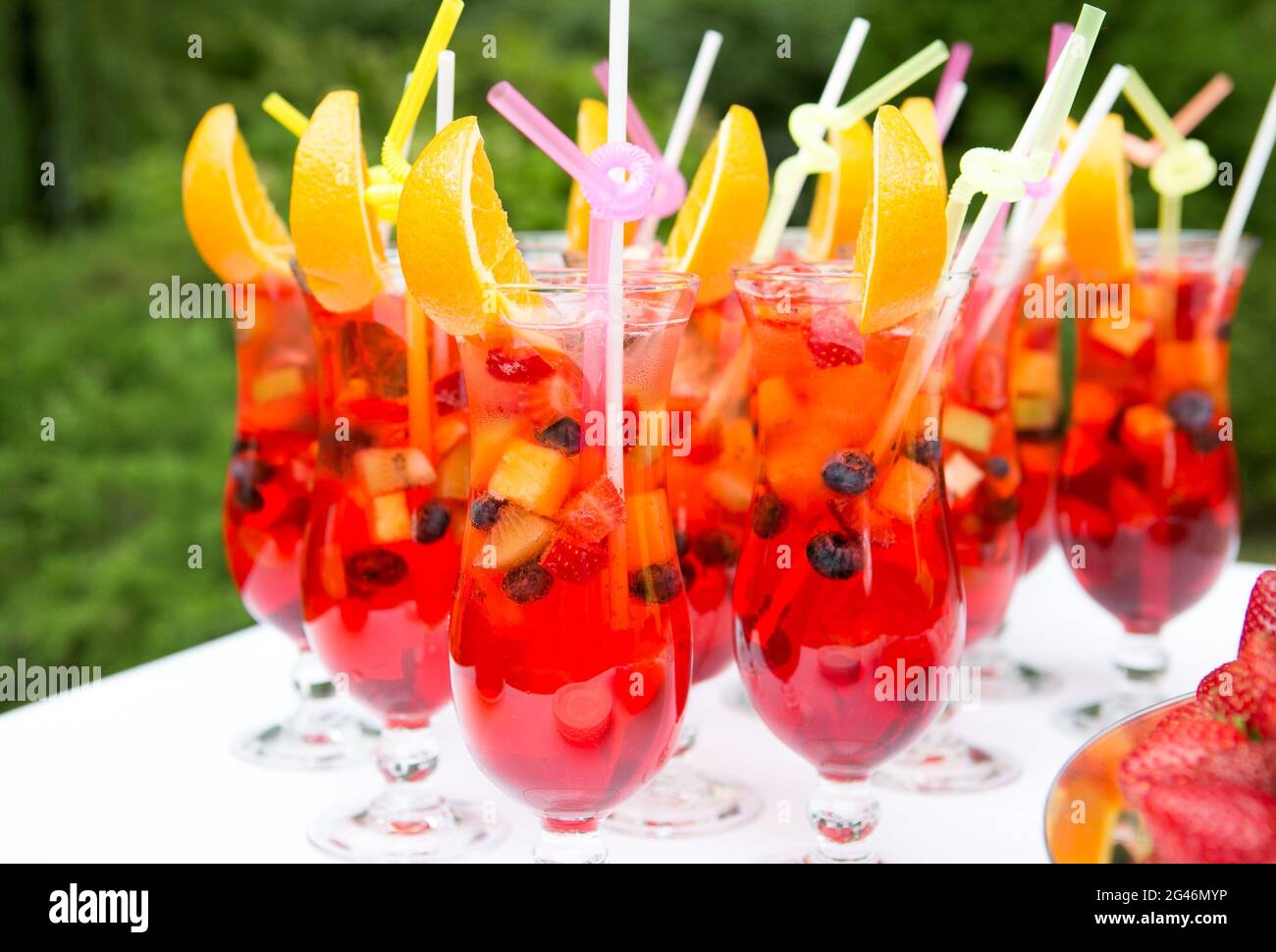 Ein wunderschön präsentites Begrüßungsgetränk - ein Glas Prosecco oder Champagner mit Obst im Inneren. Serviert als Willkommensdrink bei einer Party, Veranstaltung, Hochzeit recep Stockfoto