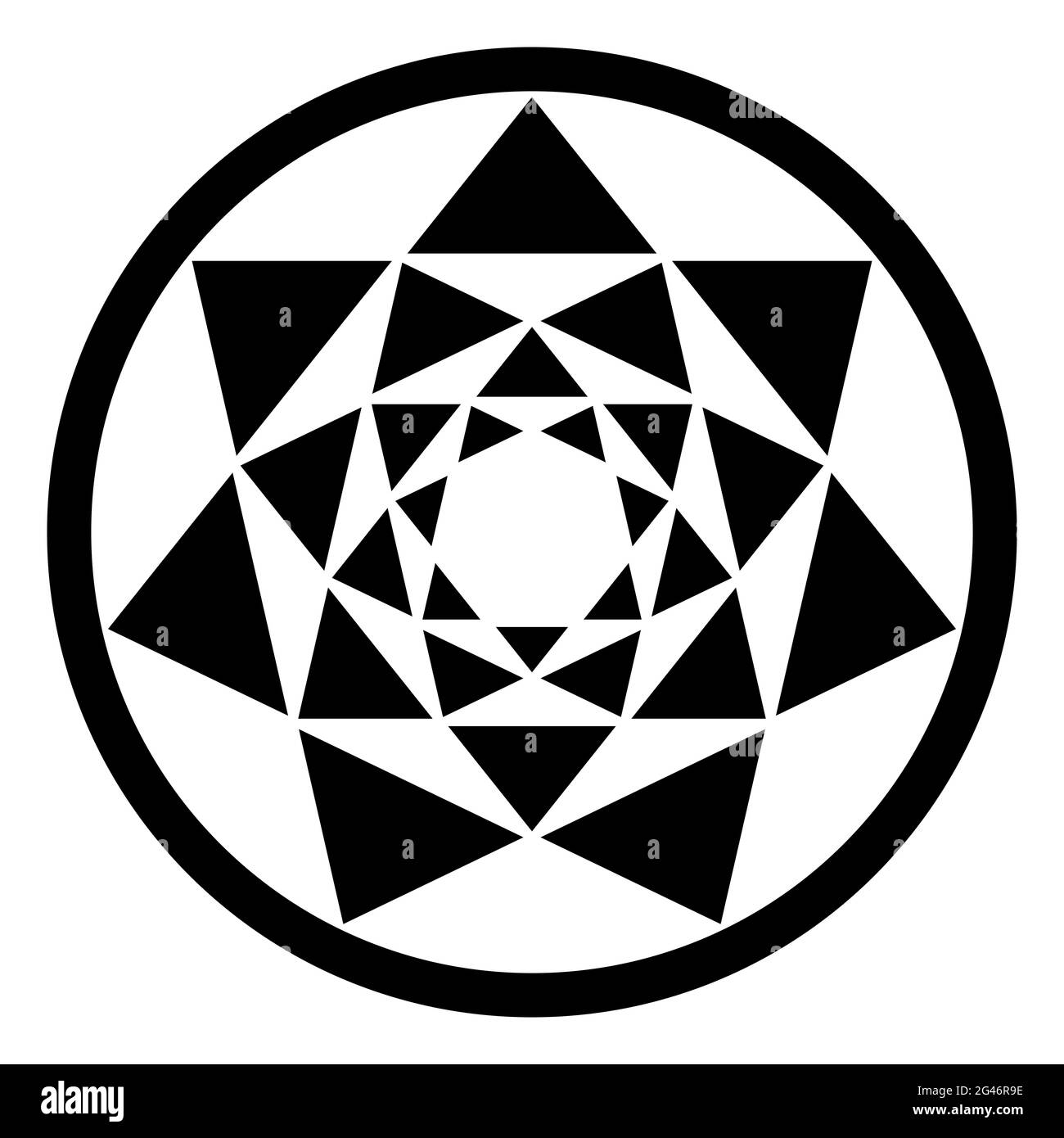Vier Heptagramme und ihre resultierenden Dreiecksmuster in einem Kreisrahmen. Kreuzungspunkte von vier siebenzackigen Sternen, einer in den anderen platziert. Stockfoto