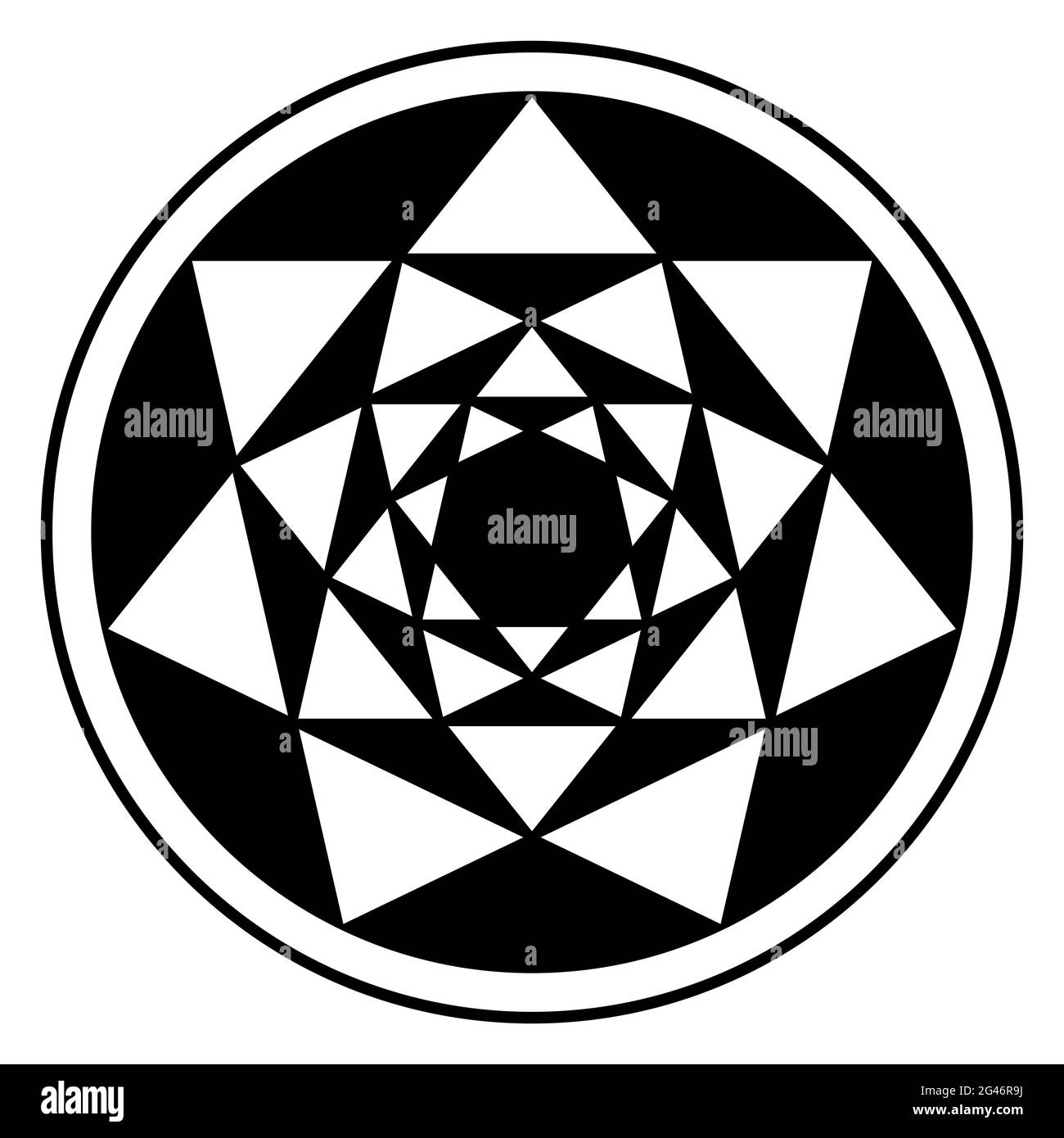 Invertierte vier Heptagramme und ihre resultierenden Dreiecksmuster in einem Kreisrahmen. Kreuzungspunkte von siebenzackigen Sternen, die sich ineinander befinden. Stockfoto