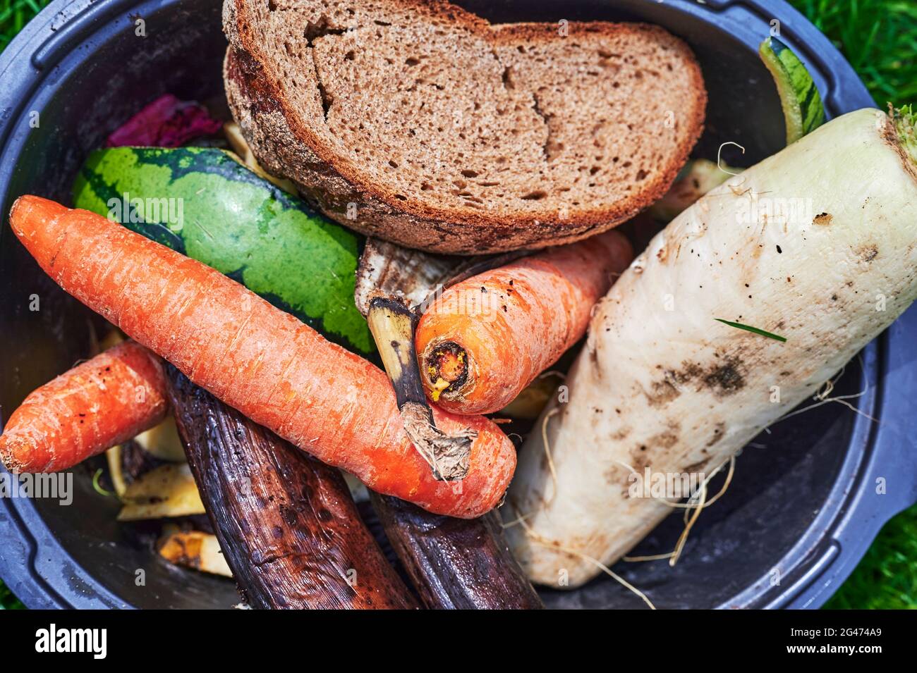 Blick in eine bio-Container mit verschiedenen organischen Abfälle zur Verwertung. Stockfoto