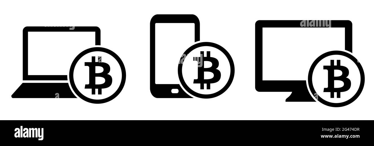 Bitcoin-Münze mit Notebook-Smartphone und Computer-Gerätesymbolen Vektor-Illustration Icon-Set Stock Vektor