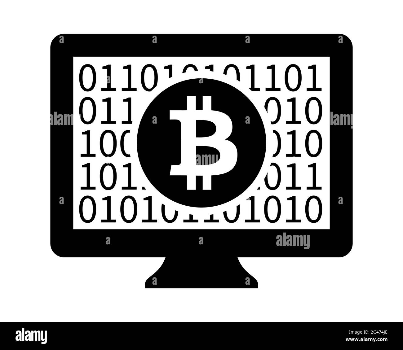 Bitcoin-Münze auf Computermonitor für digitale sichere Verschlüsselung Kryptowährung Vektor Illustration Symbol Stock Vektor