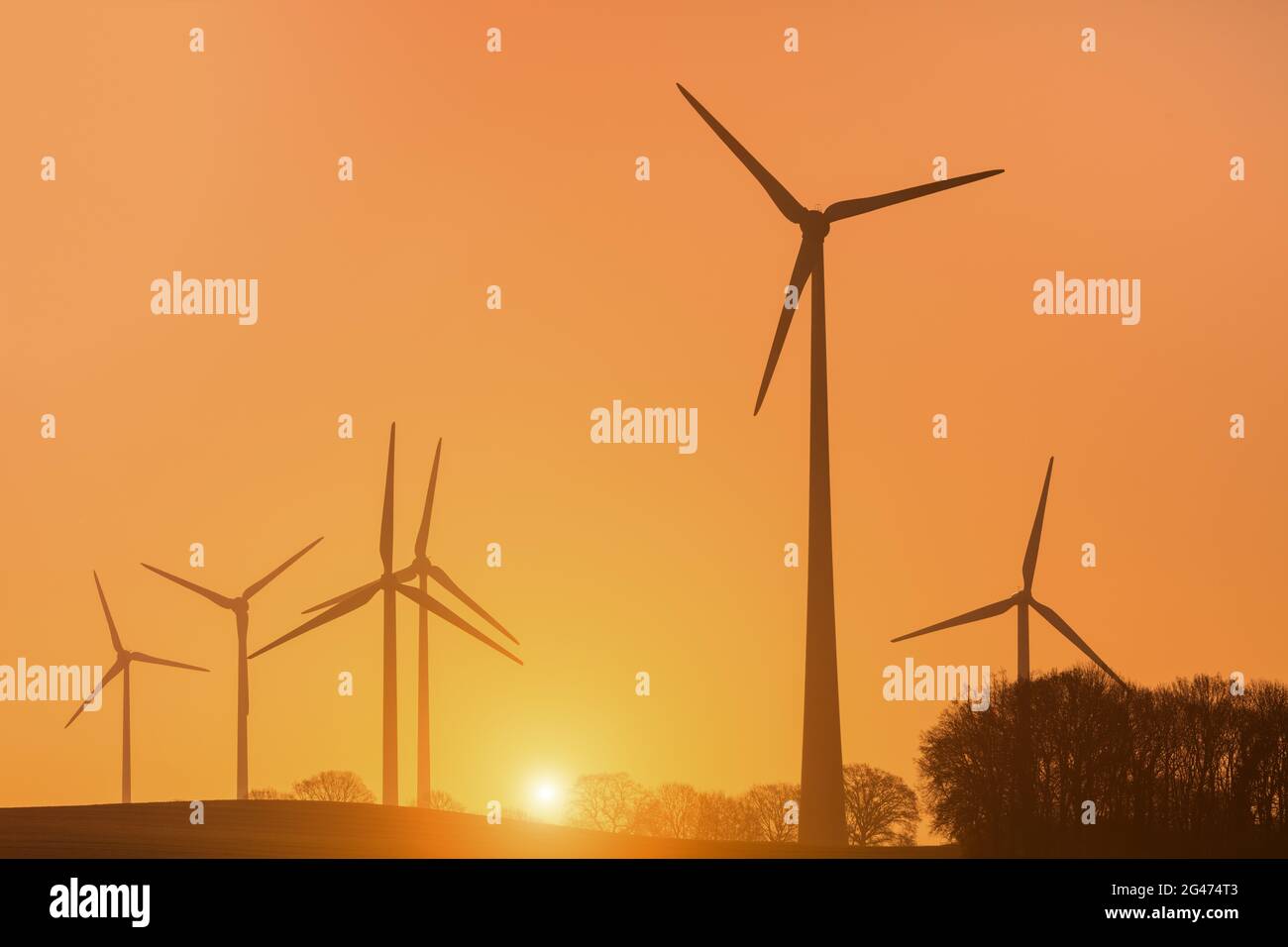 Windmühlen, Windenergie, ökologische Stromerzeugung, saubere Energieerzeugung, düsteres Morgenlicht Stockfoto