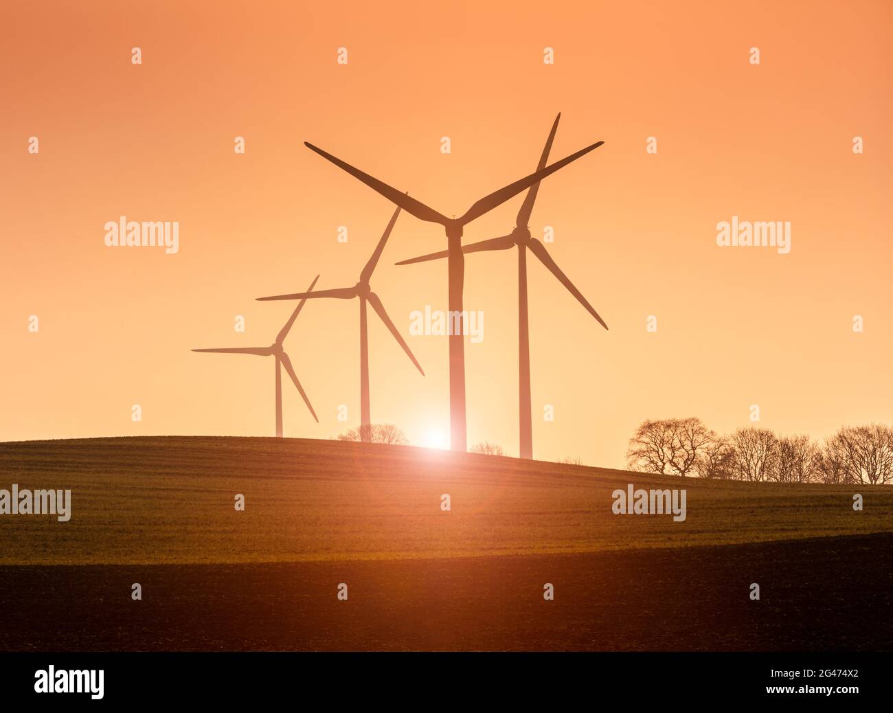 Windmühlen, Windenergie, ökologische Stromerzeugung, saubere Energieerzeugung im Morgenlicht Stockfoto