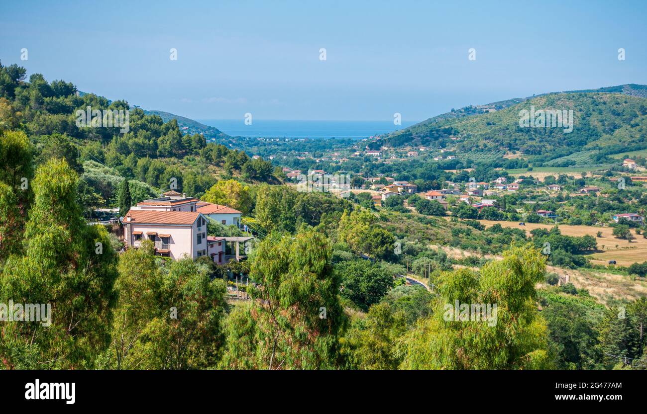 Schöne ländliche Landschaft mit dem Meer im Hintergrund in Cilento, Salerno, Kampanien, Italien. Stockfoto