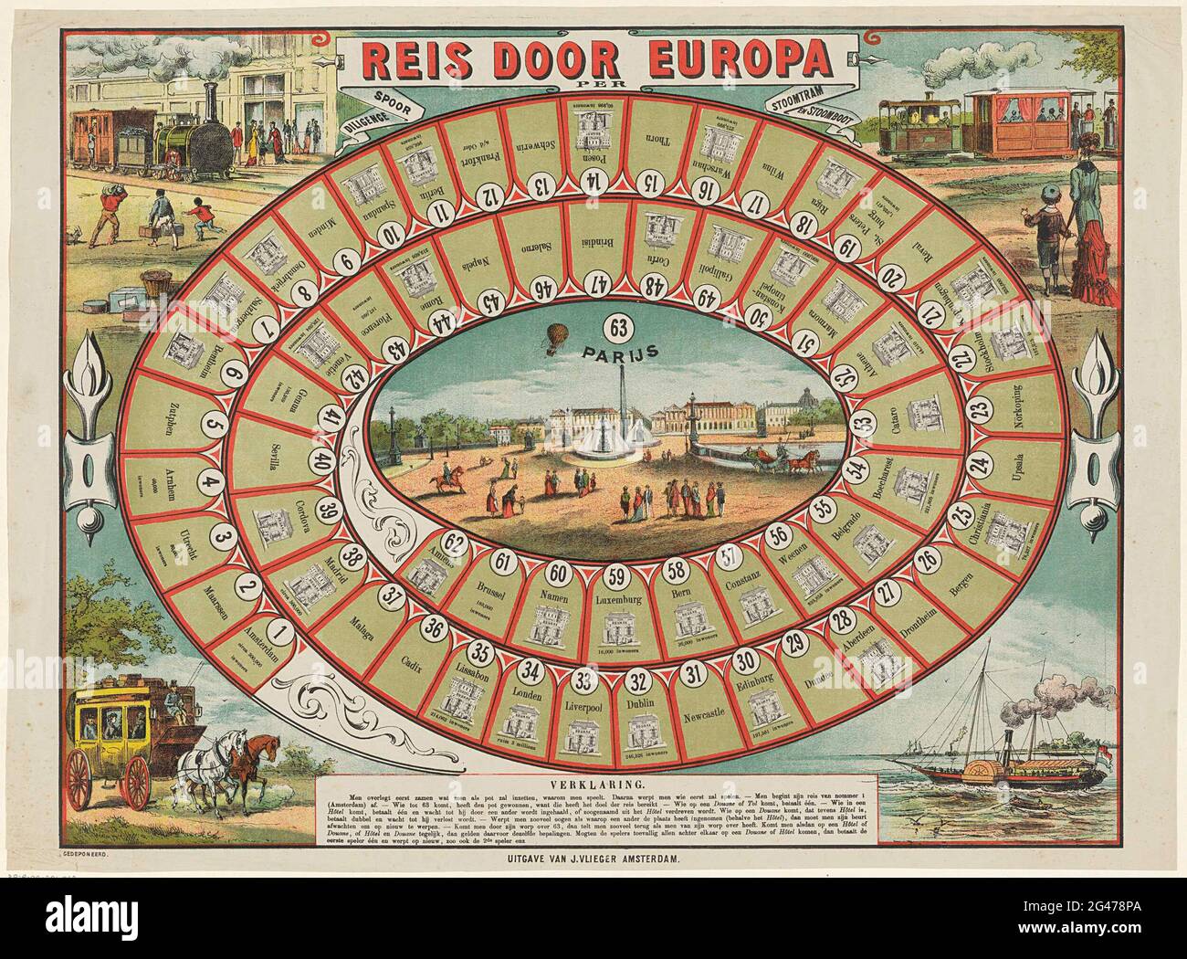 Reisen Sie durch Europa / per / Track / Diligence / Dampfstraßenbahn / und Dampfschiff. Brettspiel mit Boxen nummeriert von 1 bis 63, zu Fuß in einer Spirale. In den Boxen von Gebäuden aus verschiedenen europäischen Städten, mit der Anzahl der Bewohner in einigen Fällen unten. Im Mittelfeld ein Blick auf Paris (Place de la Concorde). In den vier Ecken des Spiels ein Dampfzug, ein Diligence oder Reise Joint, ein Dampfschiff und eine Dampfbahn. In der Mitte der Spielregeln im Buchdruck, in der Mitte über dem Titel auf einer Banderole. Stockfoto