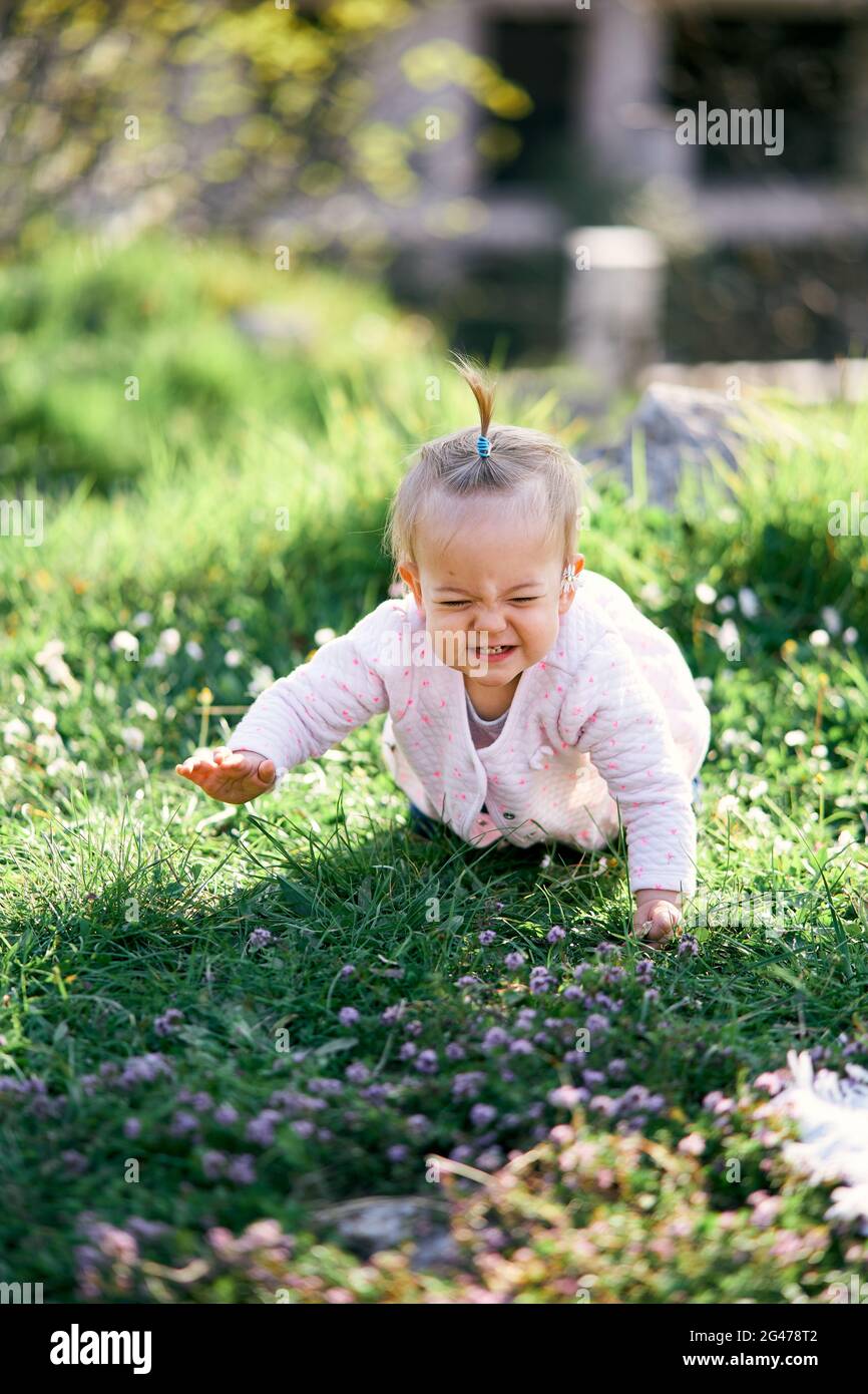 Das kleine Mädchen kriecht auf dem grünen Rasen entlang Stockfoto