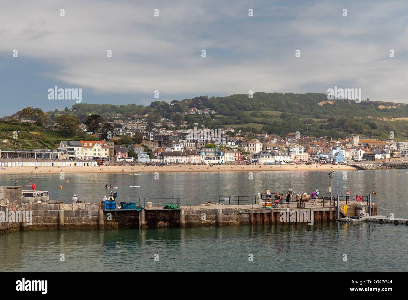 Die Stadt Lyme Regis an der Küste des Ärmelkanals, aufgenommen vom Cobb und zeigt die Hafenmauern, Dorset, England, Großbritannien Stockfoto