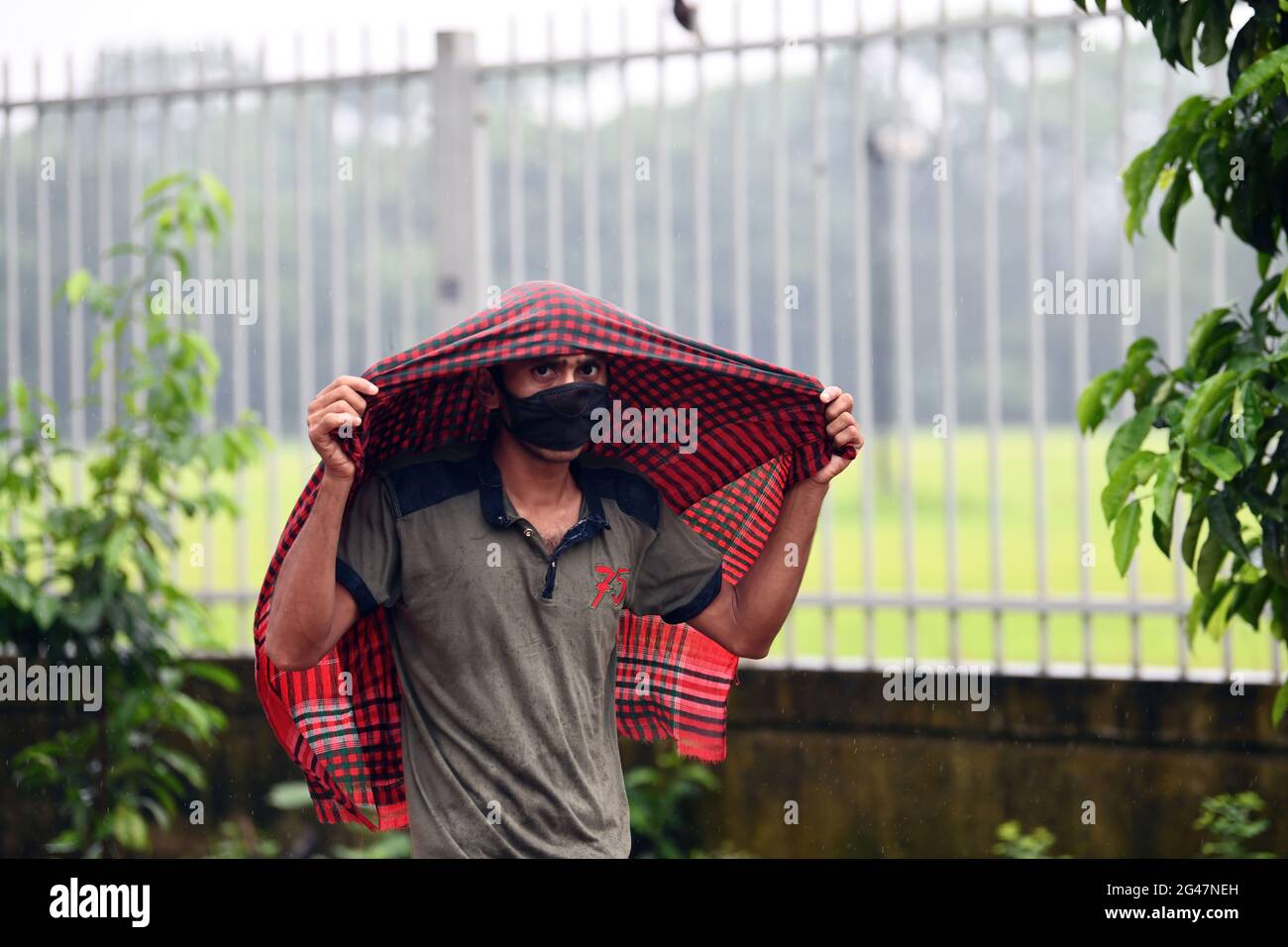 Dhaka, Bangladesch. Juni 2021. Ein Fußgänger, der die Manik Mia Avenue entlang geht, schützt sich während eines Regenfalls in Dhaka unter einem Tuch vor dem Regen. Starker Monsunregen verursachte extreme Wassereintrümmungen in den meisten Gebieten der Stadt Dhaka in Bangladesch. Die Straßen waren unter Wasser, was die Reise langsam und gefährlich machte. Kredit: SOPA Images Limited/Alamy Live Nachrichten Stockfoto