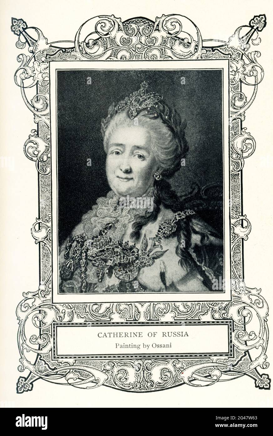 Diese Illustration aus dem Jahr 1899 zeigt Katharina von Russland, gemalt von Ossani. Katharina die große (1729-1796) wurde Prinzessin Sophie von Anhalt-Zerbst in Preußen geboren. 1744 heiratete sie den zukünftigen russischen Peter IIII. Und 1762 setzte sie mit einer Gruppe von Verschwörern Peter ab und ernannte sich selbst zur Kaiserin Russlands. Alexandro Ossani ist ein britischer Künstler (gestorben 1891). Stockfoto