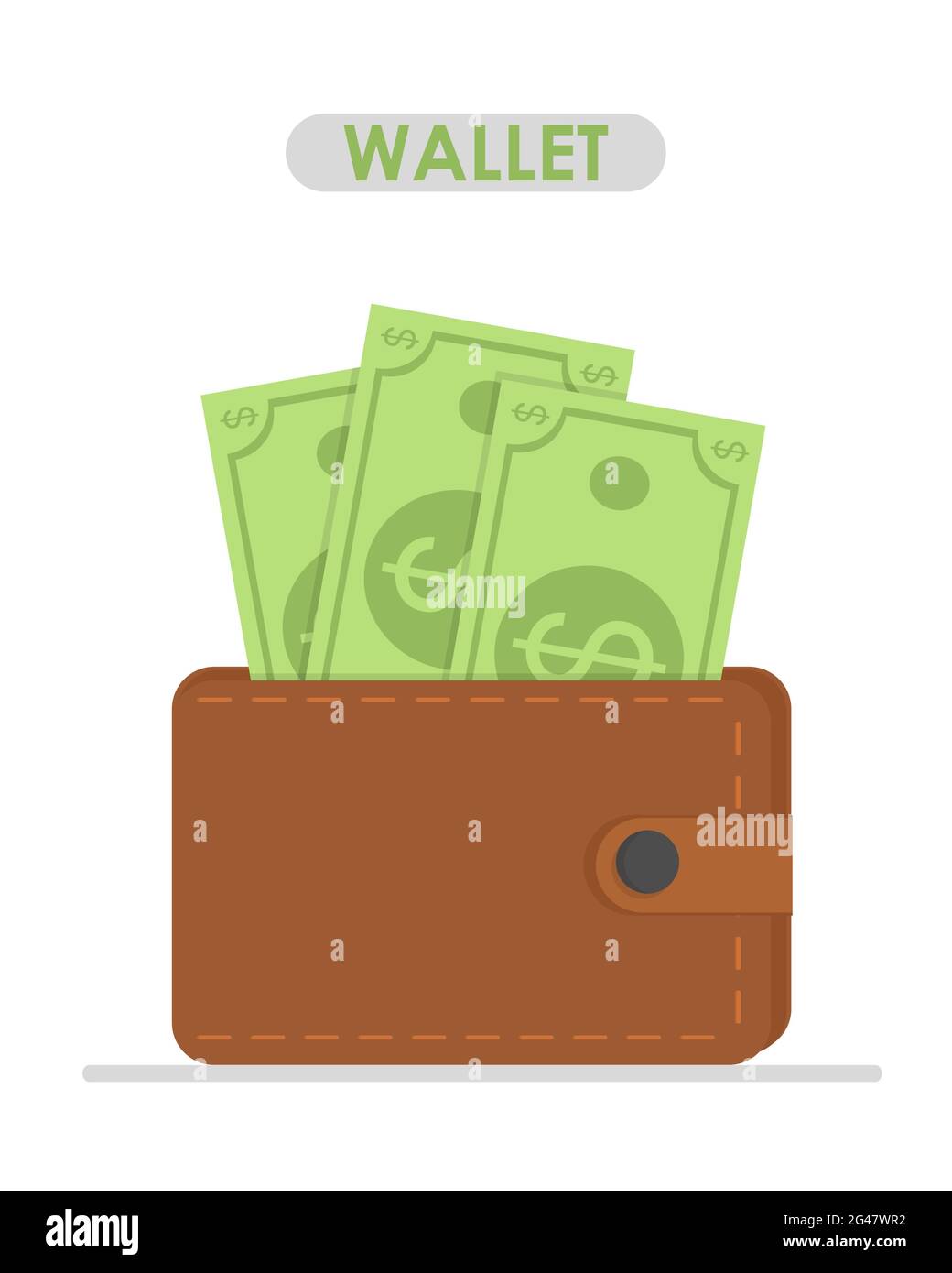Braune Brieftasche mit grünem Papiergeld. Geldbörse mit Geldscheinen Banknoten flaches Design. Online-Zahlungskonzept. Stock Vektor