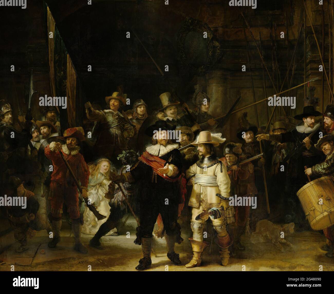 Rembrandt Harmenszoon Van Rijn - Milizengesellschaft des II. Bezirks unter dem Kommando von Kapitän Frans Banninck Cocq, bekannt als Nachtwache Stockfoto