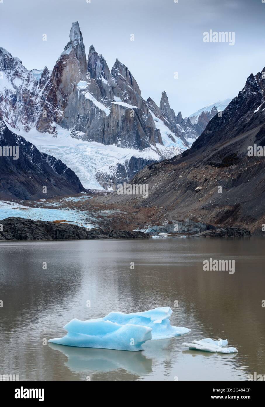 Cerro Torre und Eisberg in Laguna Torre, Parque Nacional Los Glaciares, Patagonien, Argentinien. Stockfoto