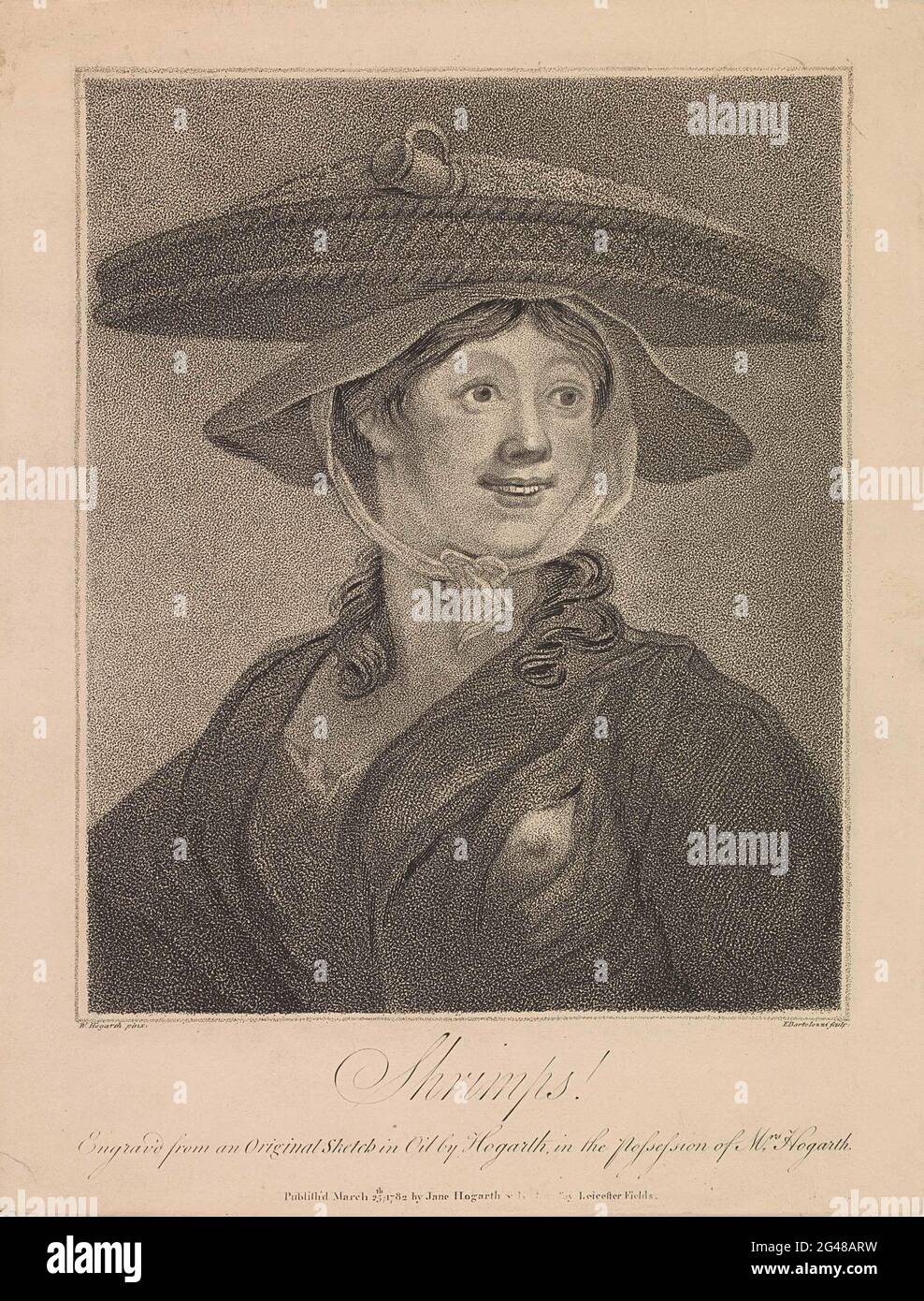 Garnelenverkäuferin; Garnelen!. Porträt einer Garnelenverkäuferin. Die Zeichnung des Gesichts auf verso. Stockfoto