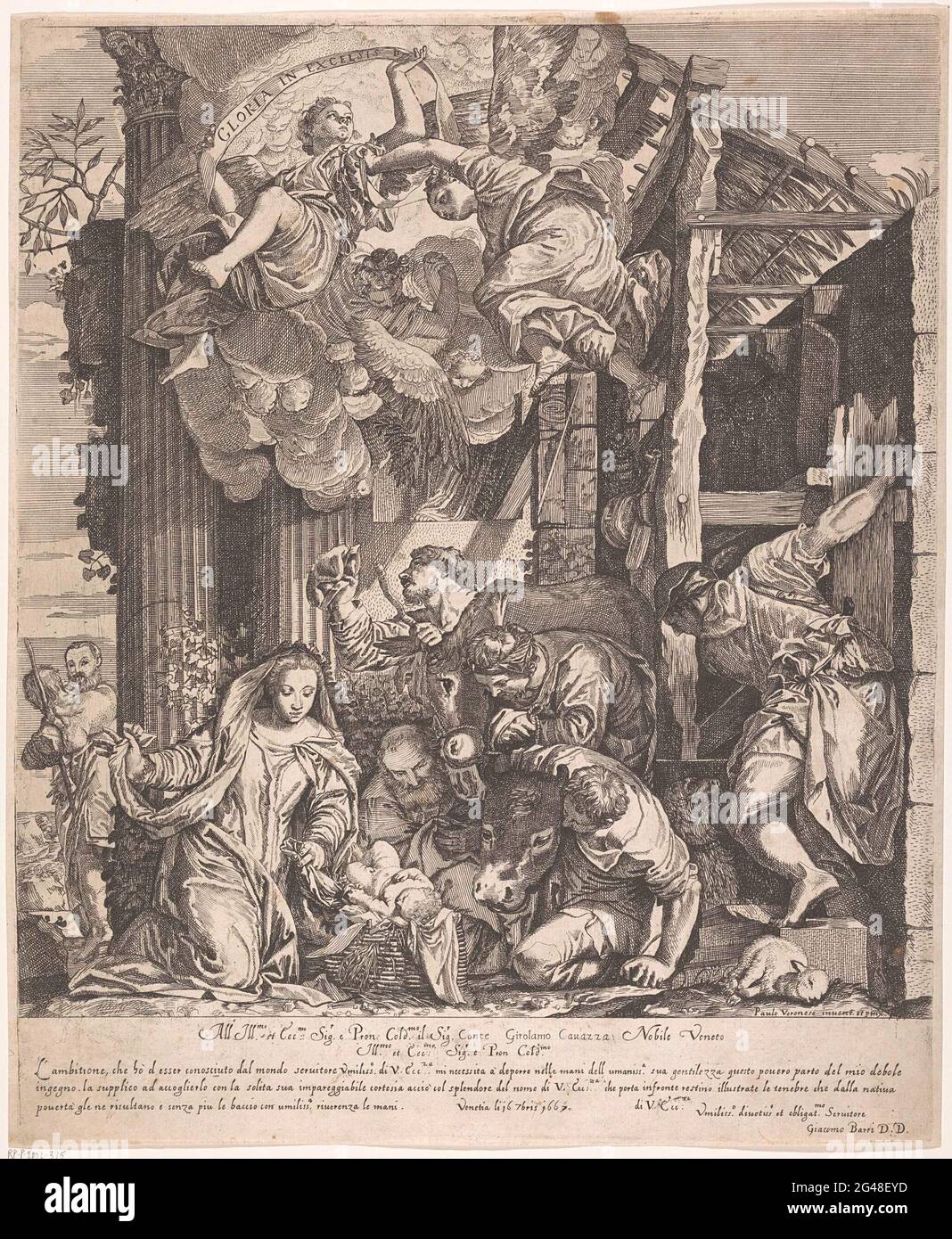 Anbetung durch die Hirten. Unter dem Dach eines alten Holzstalls kniet Maria und zeigt das Christuskind in der Krippe einer Gruppe von Hirten. Mit dem OS und dem Esel. In der Luft Engel, von denen eine Banderole mit dem Text: Gloria in Excelsis D [EO] in den Händen hält. Stockfoto