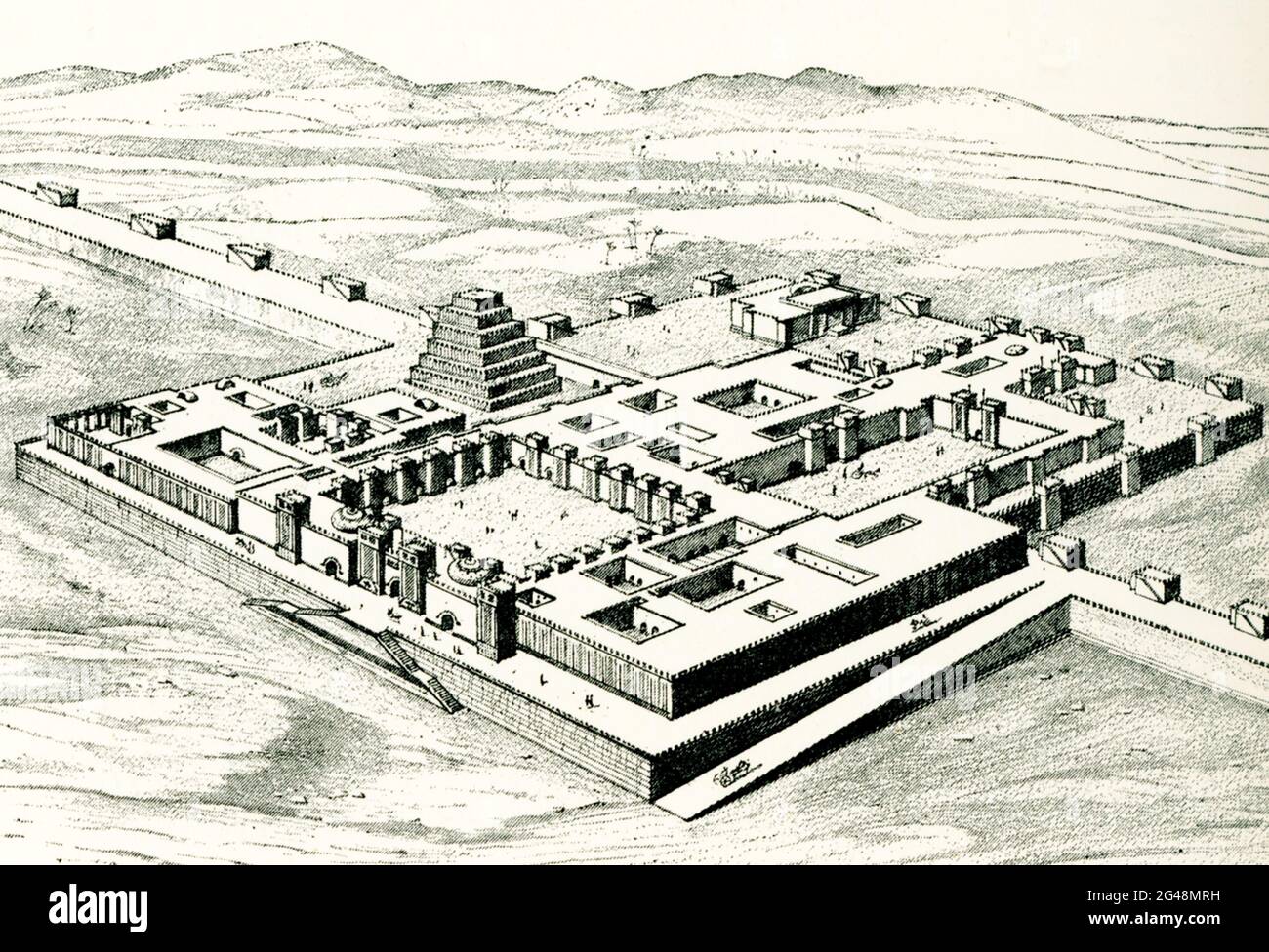 Die Bildunterschrift aus dem Jahr 1904 lautet: „Vogelperspektive auf Sargons Palast in Dur-Sharrukin, gezeichnet von Boudier aus der Restaurierung durch Thomas.“ Sargons Palast ( Dur Sharrukin) ist ein unmittelbarer Vorgänger des Sennascherib-Palastes mit seinen Hanging Gardens in Ninive, südwestlich von Khorsabad. Die Außenmauer der Festung Sargon umfasste eine Fläche von drei Quadratkilometern und verfügte über sieben befestigte Tore. Sargon II. (Gestorben 705 v. Chr.), einer der großen Könige Assyriens (regierte 721–705 v. Chr.) im letzten Jahrhundert seiner Geschichte. Er erweiterte und konsolidierte die Eroberungen seines mutmaßlichen fa Stockfoto