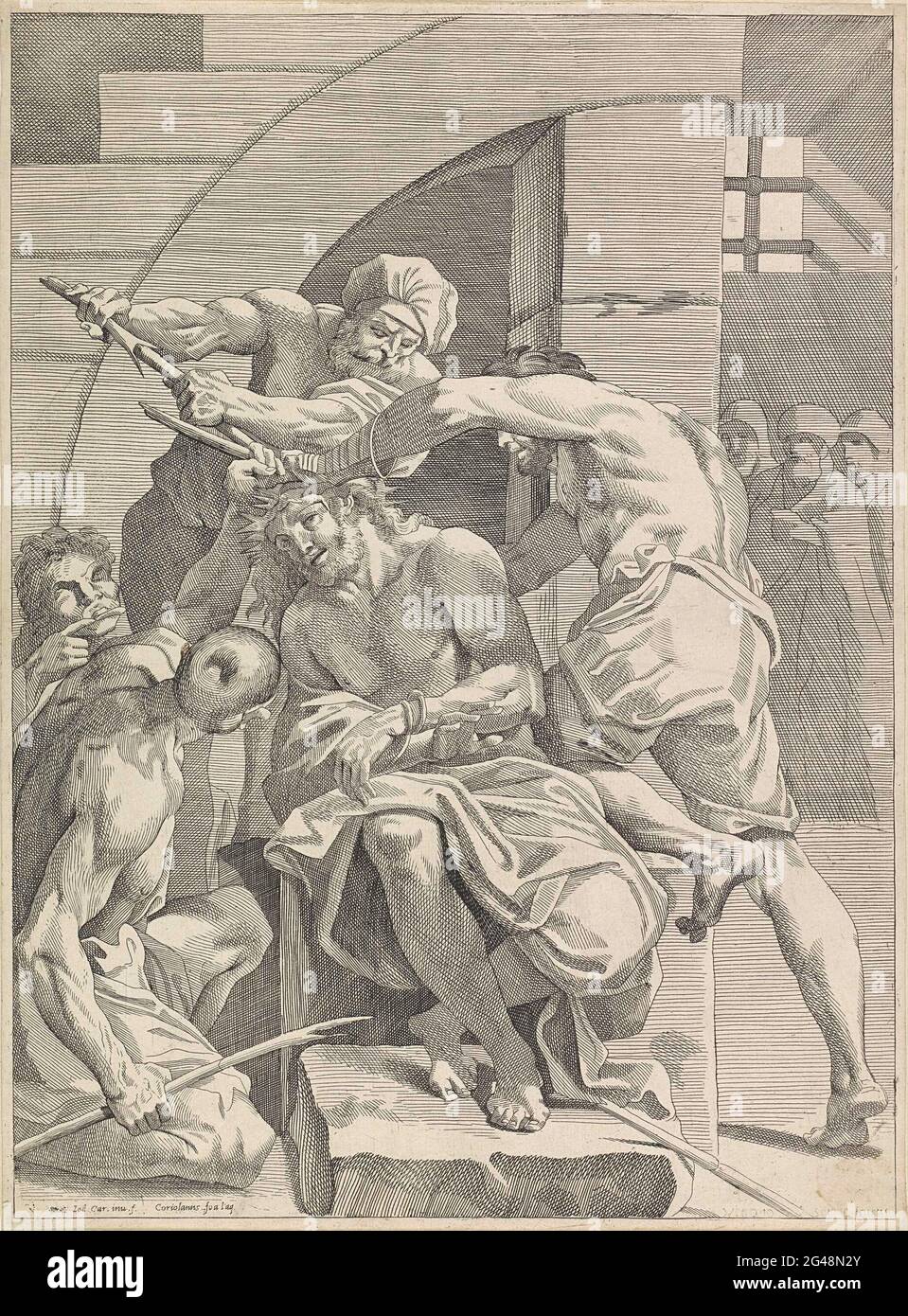 Verbindung Coring. Christus wird mit der Dornenkrone gekrönt. Ein Mann gibt ihm einen Stock. Ein anderer Mann streckt seine Zunge vor Christus aus. Stockfoto