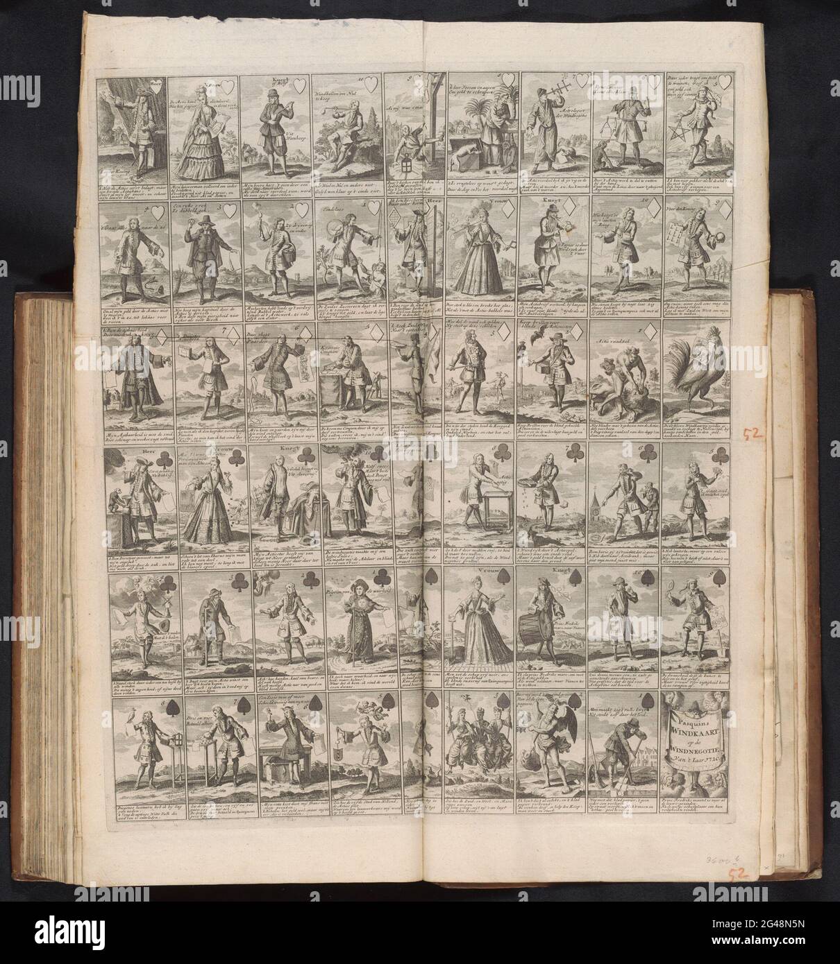 Paskins-Windkarte bei dem Windnamen 1820; PASQUINS-Windkarte bei der Windnegoie von 't IAAR 1720; die große Szene der Dummheit. Pasquins-Windkarte bei der Windbezeichnung 1820. Blatt mit einem vollständigen Spiel von 52 Spielkarten, jede Karte mit einer Leistung und in Bezug auf den Wind-Handel. Druck in der gebundenen Erstausgabe (304 B 11) aus der großen Szene der Torheit mit Patronen auf dem Windhandel oder Action Trade von 1720. Stockfoto