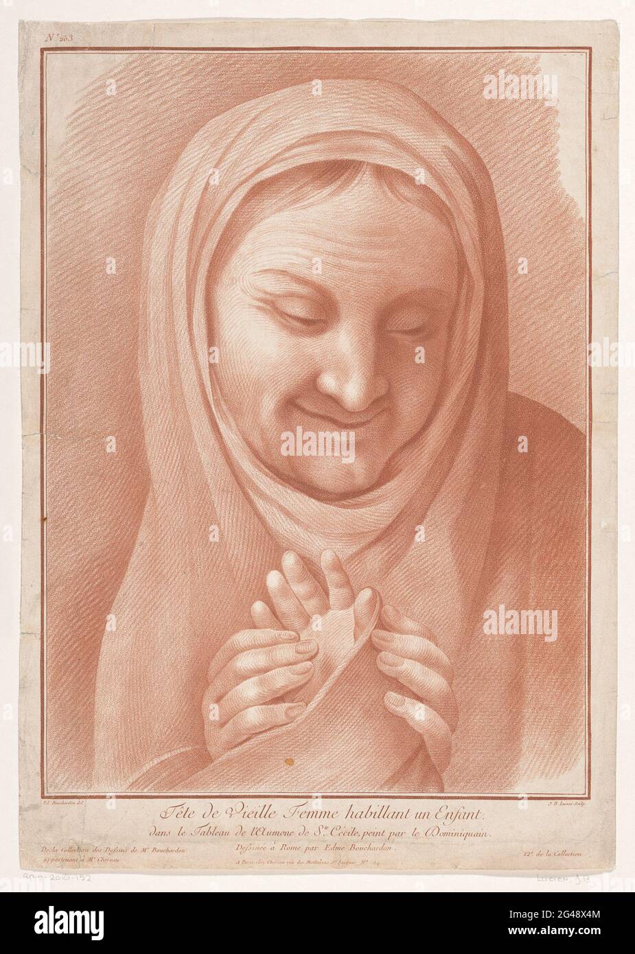 Die alte Frau hält eine Kinderhand; Tête de vieille femme habillant un enfant. Eine alte Frau hält die Hand eines Kindes und schaut nach unten. Links über Nr. 203. Rechts unter der 12th De La Collection. Stockfoto