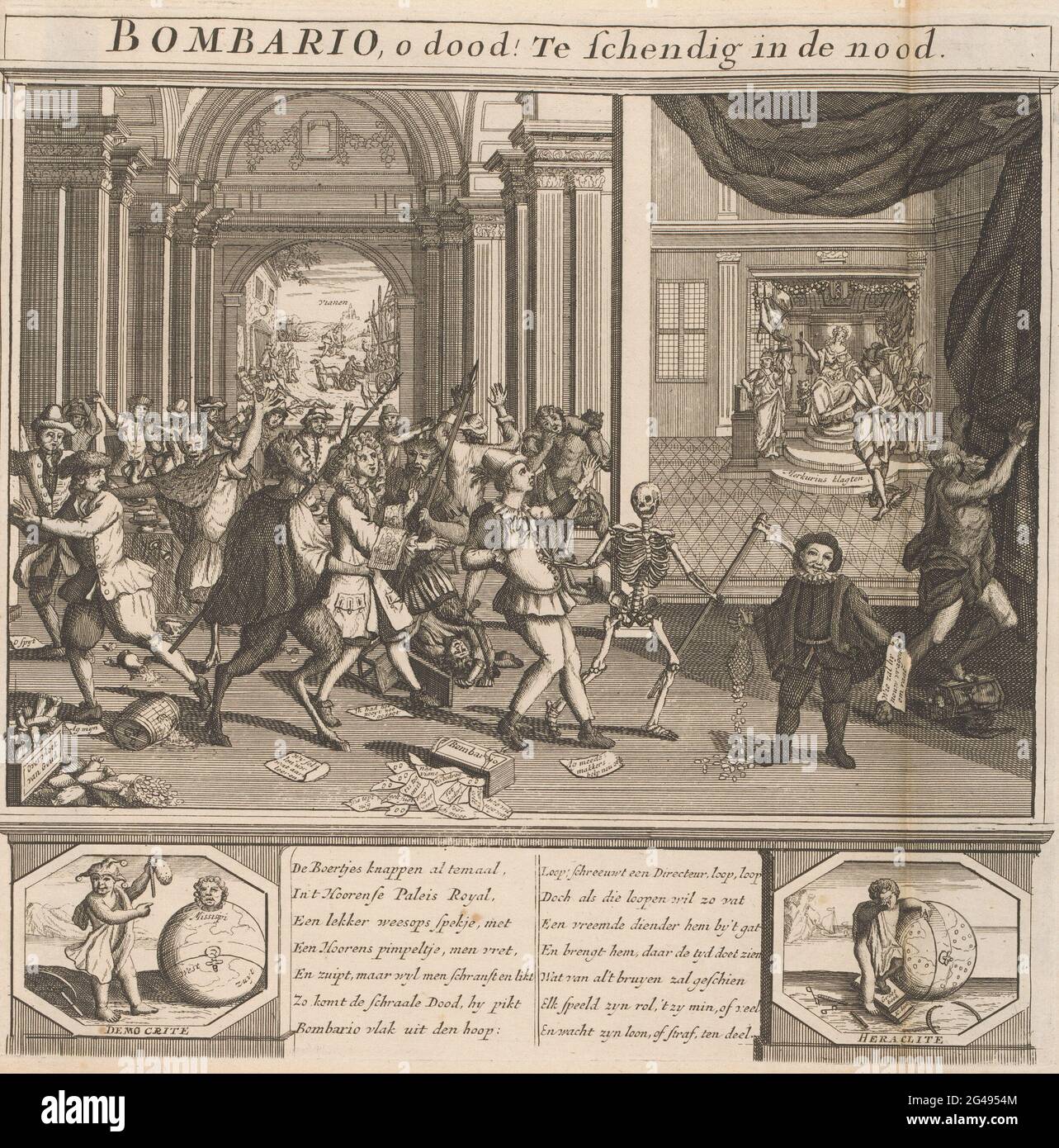 Bombario wird vom Tod weggeführt, 1720; Bombario, o tot! Zu widerstandsfähig gegen die Notwendigkeit; die große Szene der Torheit. In einem Palast wird der Harlekin Bombario vom Tod weggeführt, andere Händler werden von Teufeln getroffen. Rechts beklagt sich Mercurius vor dem Thron der Gerechtigkeit. demokrit und heraklit. Demokrit lächelt an einem Globus, auf dem die Mississippi-Firma. In der Bildunterschrift ein Fresh in zwei Spalten. Druck in der gebundenen ersten Ausgabe (304 B 10) der großen Szene der Torheit mit Patronen beim Wind- oder Action-Handel 1820. Stockfoto