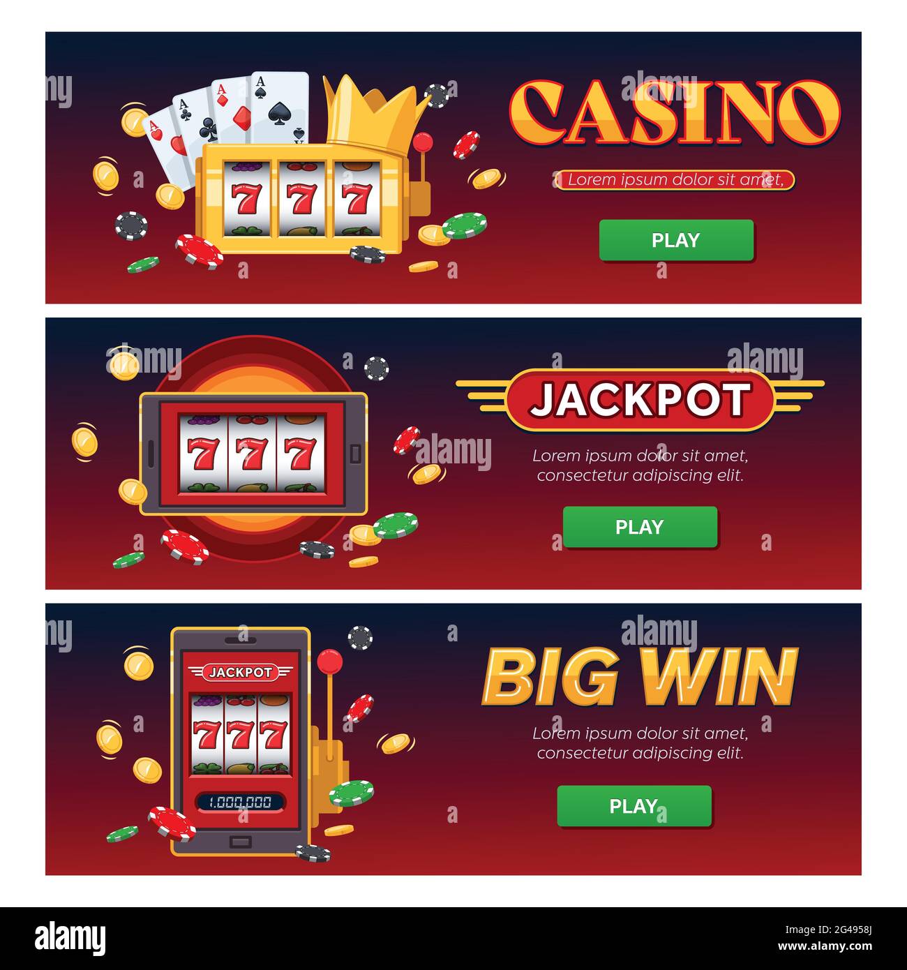 VIP horizontale Web-Banner-Set, Vector Online Casino Text Club goldenes Logo Konzept. Spielautomat, fallende goldene Münzen jackpot Stock Vektor