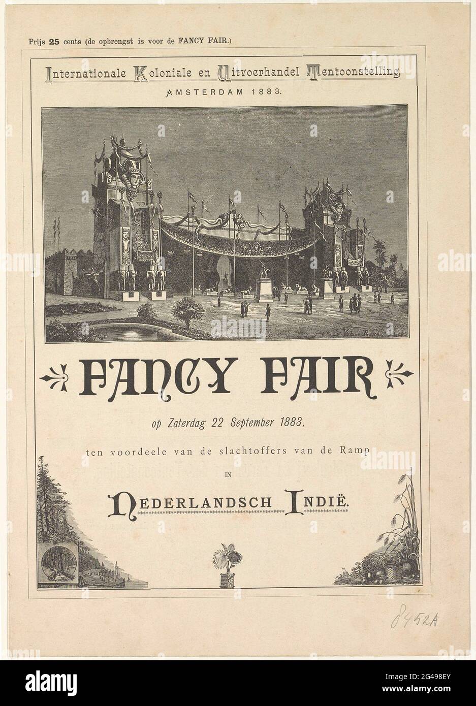 Internationale Ausstellung für Kolonialhandel und Export, Amsterdam 1883 / Fancy Fair am Samstag, den 22. September 1883, zugunsten der Opfer der Katastrophe in Niederländisch-Indien. Programmheft der Fancy Fair, die am 22. September 1883 auf der Weltausstellung (Internationale Kolonial- und Exportausstellung) auf dem Museumplein in Amsterdam stattfand. Zehn Bate der Opfer der Katastrophen in den Niederländischen Ostindien: Verschiedene Epidemien und ein Vulkanausbruch. Doppelgefaltetes Blatt mit dem Eingangsgebäude der Weltausstellung auf der Vorderseite, im Rahmen des Programms der verschiedenen Konzerte. Stockfoto