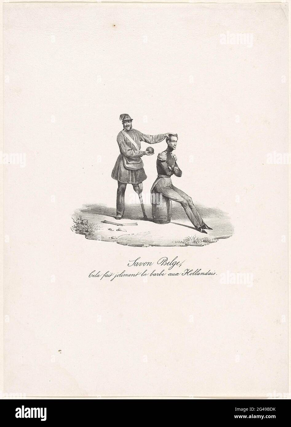 Belgische Seife, 1830; Savon Belge, Cela fait Joliment La Barbe Aux Hollandais. Karikatur auf Prinz Frederik, rasiert von der Barbier Jambe de Bois, 1830. Der Prinz sitzt auf einer Tonne, hinter ihm der fröhliche belgische Aufständische als Barbier mit einer Schusswaffe als Seife. Stockfoto