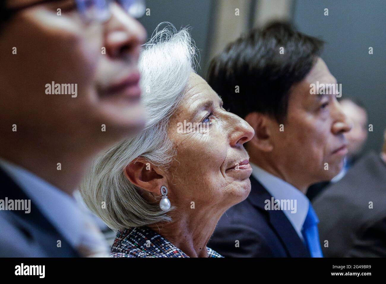 20. Juni 2021-Seoul, Südkorea-in dieses Foto aufgenommen am 7. September 2017. Christine Lagarde, Geschäftsführerin des IWF, hält eine Keynote-Rede über die Aussichten und Herausforderungen für nachhaltiges Wachstum in Asien während der MOSF-BOK-PIIE International Conference 2017 in der Grand Hall des Hotels in Seoul, Südkorea. Stockfoto