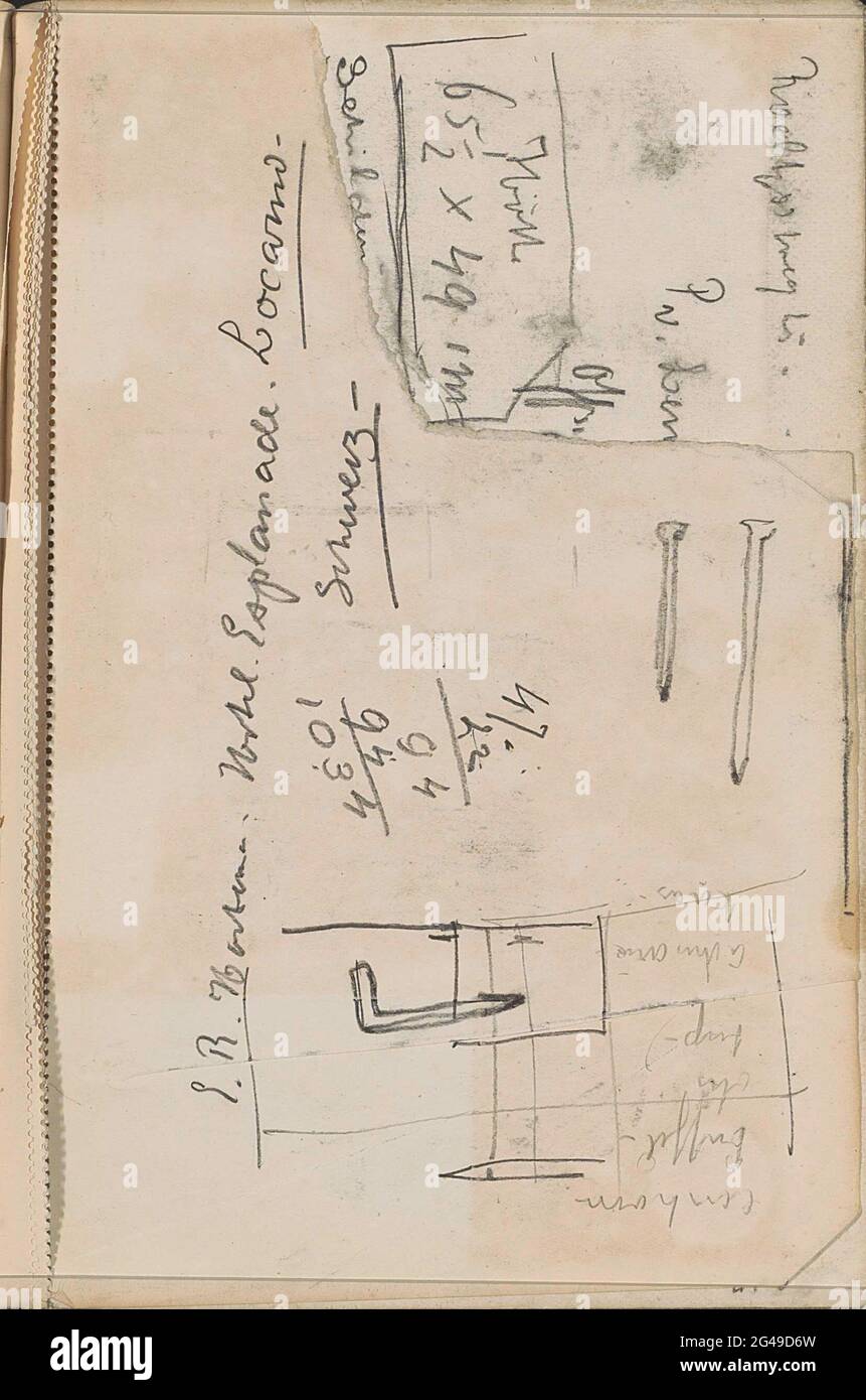 Nägel und einen Haken. Blatt 59 Recto aus einem Skizzenbuch mit 59 Blättern. Stockfoto