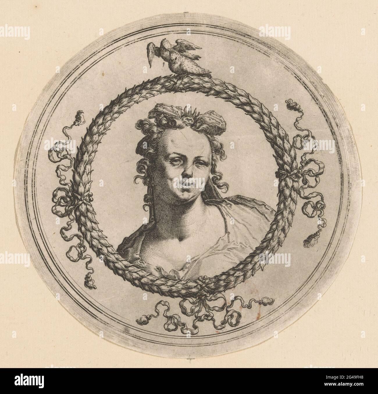 Büste der Venus. Rundes Ornament mit einer Büste der Venus mit Krone. Um einen Lorbeerkranz mit Bögen und zwei Vögeln an der Spitze. Stockfoto