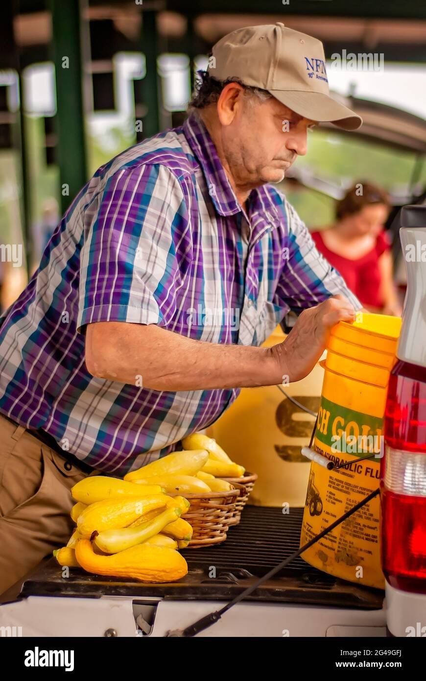 Ein Landwirt entlädt auf dem Pitching Lot Farmers Market am 13. Juni 2011 in Columbus, Mississippi, gelben, krummhalsig-Kürbis auf die Heckklappe seines LKWs. Stockfoto