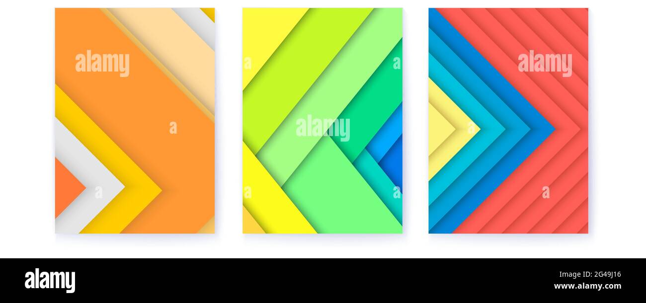 Set von Bezügen in trendigen Farben. Abstraktes geometrisches Muster mit zufällig angeordneten Blättern aus Papier. Minimalistisches Design. Vektorgrafik. Stock Vektor