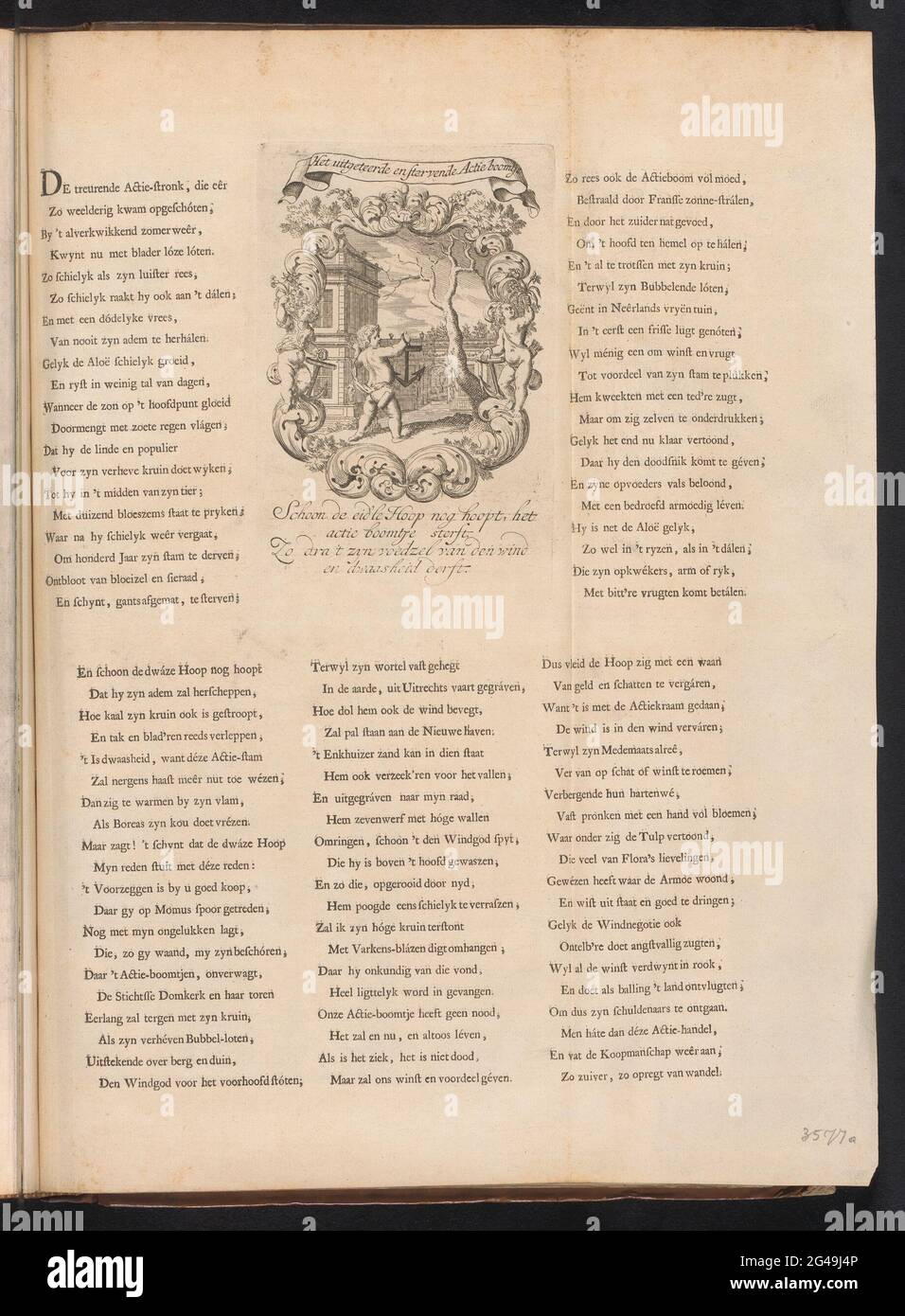 Der verwelkte und sterbende Aktionsbaum, 1720; der ausgehändigte und sterbende Aktionsboom; die große Szene der Dummheit. Der verwelkte und sterbende Aktionsbaum. Die Hoffnung auf einen verdünnten Baum. In einem dekorativen Bilderrahmen mit Personifikationen der Hoffnung mit Ankern und Blumen. In der Bildunterschrift ein Vers aus vier Zeilen. Auf dem Blatt um und unter der Platte sind fünf Verse gedruckt. Druck in der gebundenen Erstausgabe (304 B 11) aus der großen Szene der Torheit mit Patronen auf dem Windhandel oder Action Trade von 1720. Stockfoto