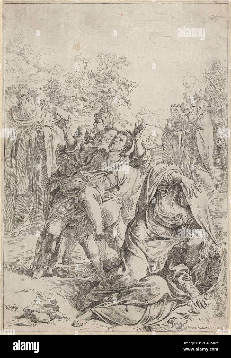 Der heilige Benedikt treibt einen Dämon an. Ein wildes Flopping, besessen von Dämonen, wird der Mensch von zwei Männern gehalten. Im Hintergrund links der heilige Benedikt, der von zwei Männern unterstützt wird. Zwei Frauen tauchen im Vordergrund ab. Stockfoto