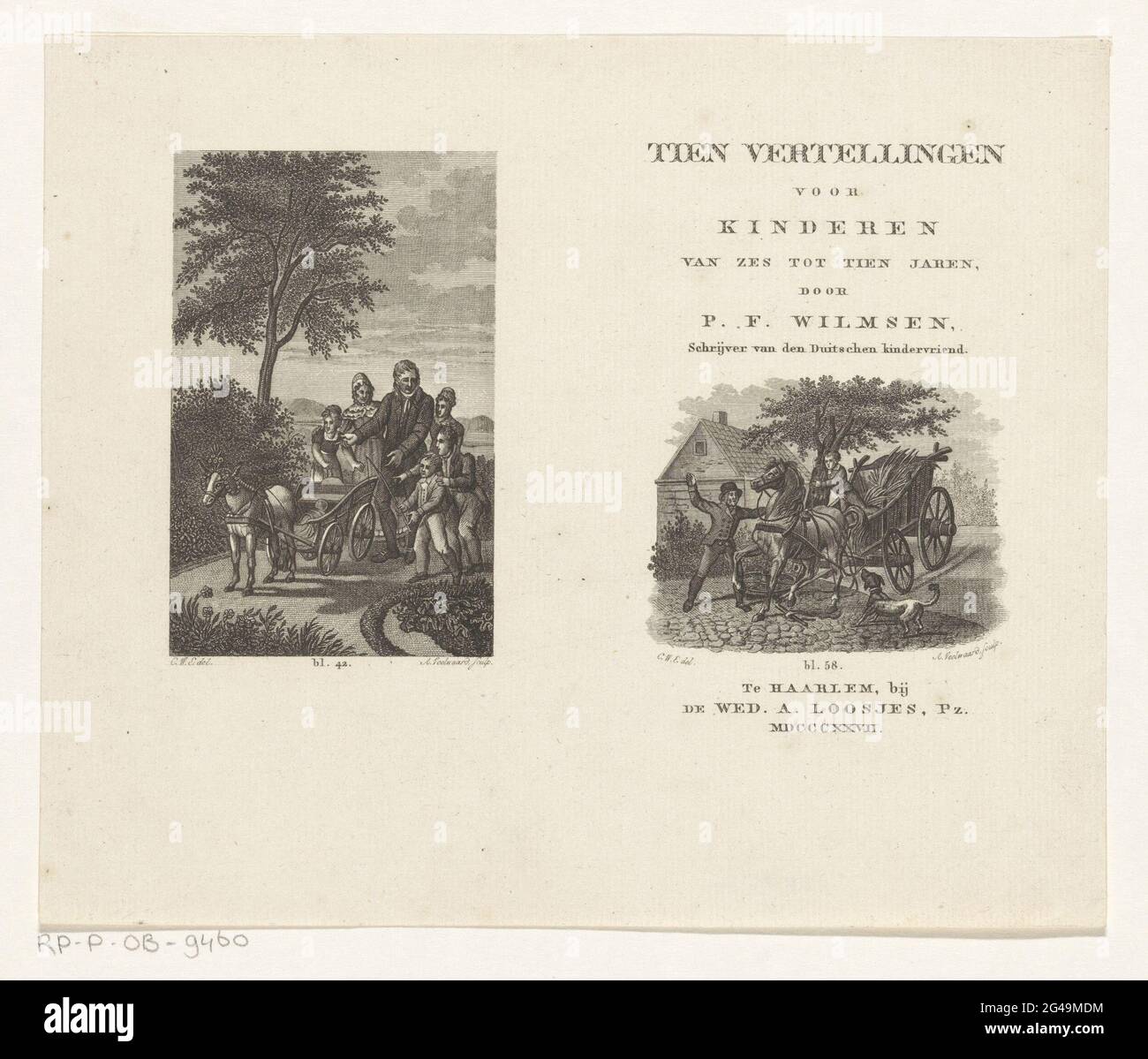 Familie bei Esel und Auto und ein Kopfsteinpflaster Pferd mit Auto; Titelseite für: p.f. Willemsen, zehn Geschichten für Kinder von sechs bis zehn Jahren, 1827. Links ein Bild einer Familie mit einem Auto und einem Esel dafür. Der Junge rechts, mit Peitsche, hat dies zu seinem Geburtstag erhalten. Rechts ein Bild eines hohlen Pferdes für ein Auto. Das Auto wurde gegen einen Baum getroffen und ein Rad wurde abgebrochen. Ein Mann versucht, das Pferd zu beruhigen, der Passagier steigt aus dem Auto. Stockfoto