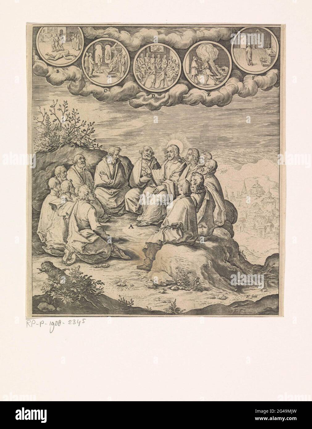 Christus lehrte seine Jünger auf dem Berg tabor. Christus lehrt seine Schüler auf dem Berg tabor. In den kreisförmigen Darstellungen an der Spitze der verschiedenen Themen der Bildung. Bild bei der Meditation, die zum fünften und sechsten Sonntag nach Pfingsten gehört. Stockfoto