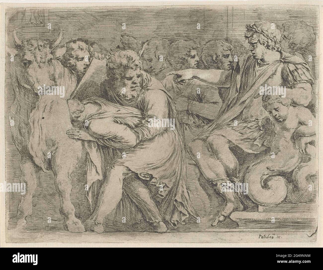 Perillus ließ Phalaris in der Kuh anhalten. Perillus lässt Valerius in ein hohles Kupfer-OS einsperren. Eine Gruppe von Männern sieht aus. Stockfoto