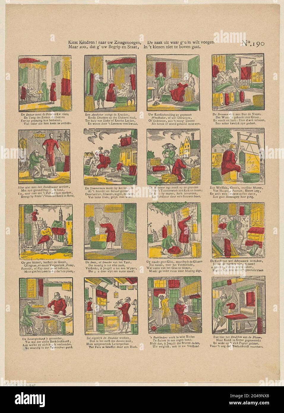 Wählen Sie, Kind! Zu Ihrem Satz, / aber so, dass G 'Ihr Verständnis und Ihre Aussage, / die Angelegenheit, die G'U beitreten wollen / in der Wahl nicht überschreitet. Blatt mit 16 Aufführungen von Handwerkern und Berufen, wie Bildhauer und Schreiner. Unter jedem Bild ein vierzeiliger Vers. Rechts oben nummeriert: Nr. 190. Stockfoto