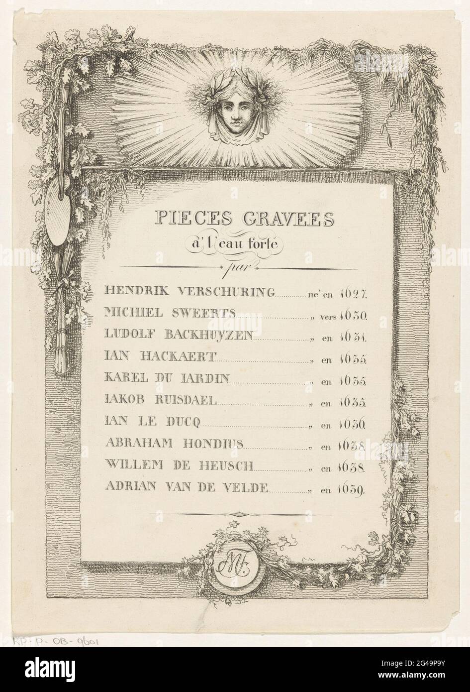 Rahmen mit Kopf in Balken und Malerei Palette; Stücke Graves a 'l'Eau forte. Rahmen mit Blattmotiven, einer Malpalette, oben eine prämierte Figur in Balken und unten die Initialen MF. In der Mitte ein schriftlicher Text mit einer Liste von Künstlern des 17. Jahrhunderts. Stockfoto