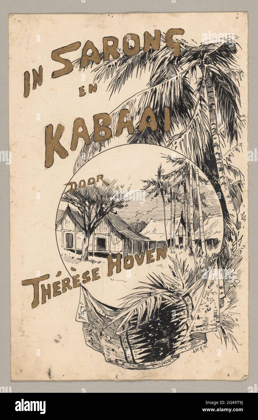 Banddesign für: Thérèse Hoven, in Sarong und Kabaai, 1892-1894. In einem Kreis dargestellt Gesicht auf vier Häusern in einer indischen Landschaft. Rund um den Kreis Palmen und eine ausgefaltete geröstete Sarong. Stockfoto