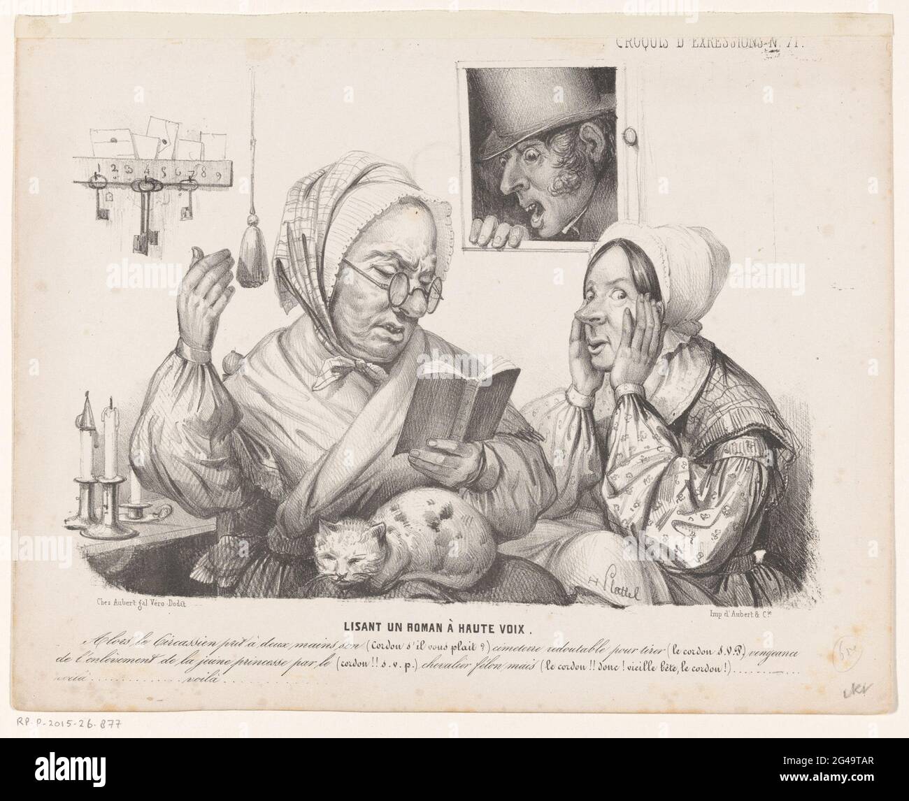 Congierge liest ein Buch; Lisant un novel à Haute Voix; Karikaturen; Croquis d'expressions. Eine Concierge mit einer Katze auf dem Schoß liest ein Buch für eine andere Frau. Durch einen Schuss, der Kopf eines Mannes, der nach seinem Schlüssel fragt. Weil die Concierge so laut liest, hört sie seine Frage nicht. Stockfoto