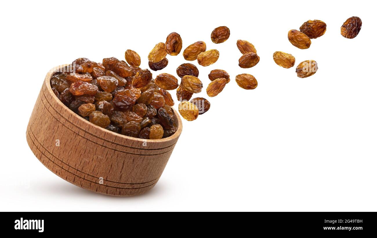 Rosinen in Houten auf weißem Hintergrund Stockfoto