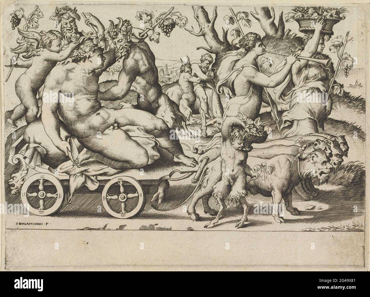 Triumph von Bacchus. Bacchant Prozession nach rechts. Bacchus sitzt auf einem Auto, das von vier Löwen ausgeführt wird. Hinter Bacchus gibt es zwei Sater und schwebt einen Putto. Rechts zwei Bacchants. Im Hintergrund Silenus auf einem Esel. Stockfoto