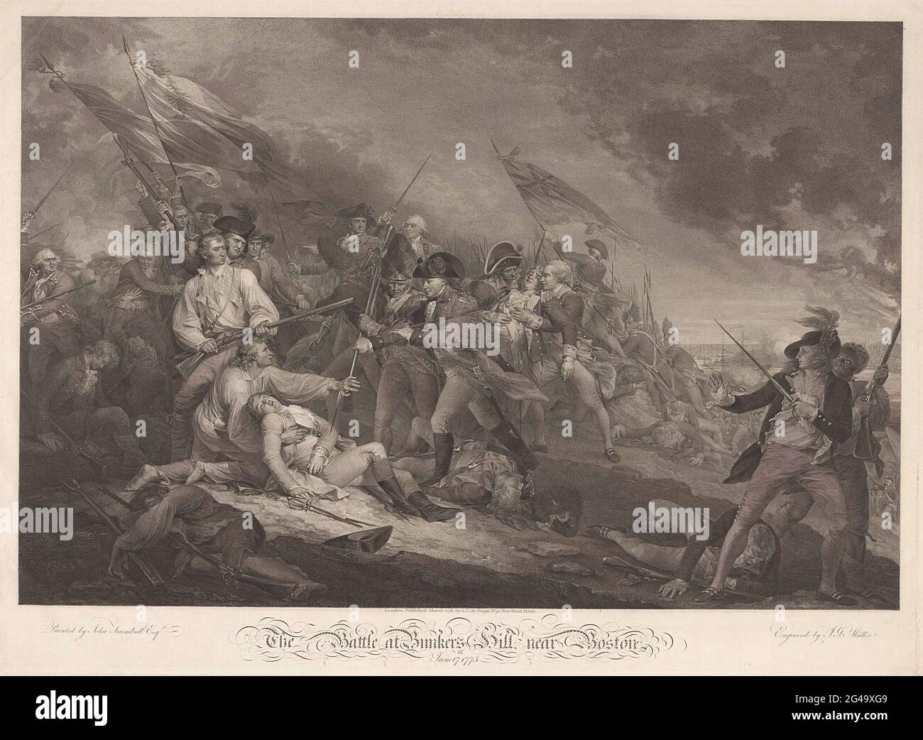 The Battle at Bunker's Hill, near Boston' (voor de Letter). . Stockfoto